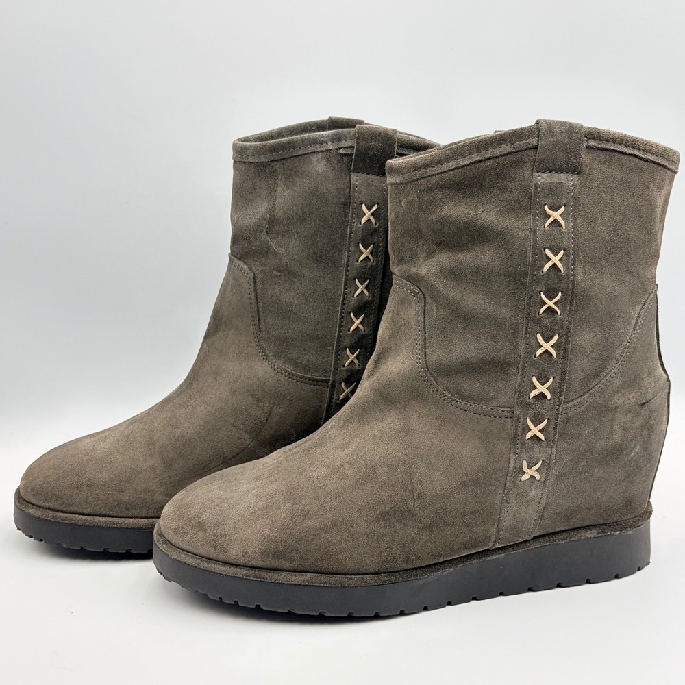 Sundance Asheville Suede Ankle Boots US 9.5  EU40 Olive Grey Hidden‎ Wedge Italy